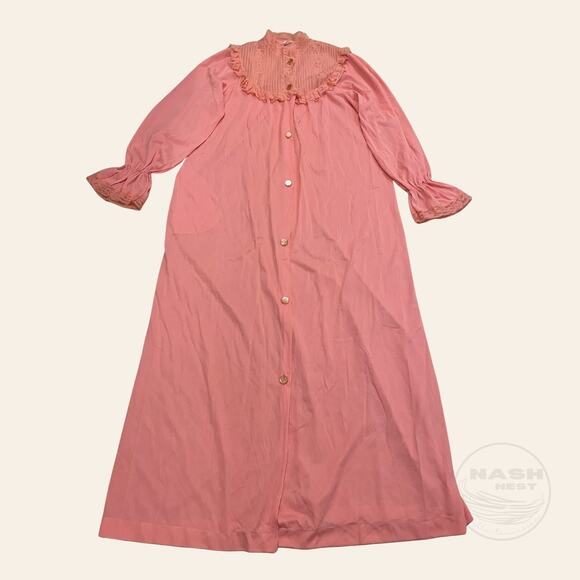 Vintage 60s Peignoir Set | Pink Nylon Nightgown + Robe, Lace Ruffles Cottage M/L - Picture 5 of 16